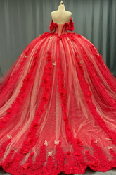 Off-Shoulder Ball Gown with Sequins & 3D Floral Appliques Sparkling Red Tulle Quinceanera & Party Dress